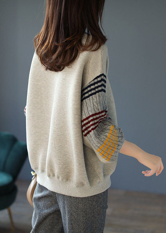 Lazy Grey O-Neck Striped Knit Patchwork Cotton Sweatshirt Long Sleeve