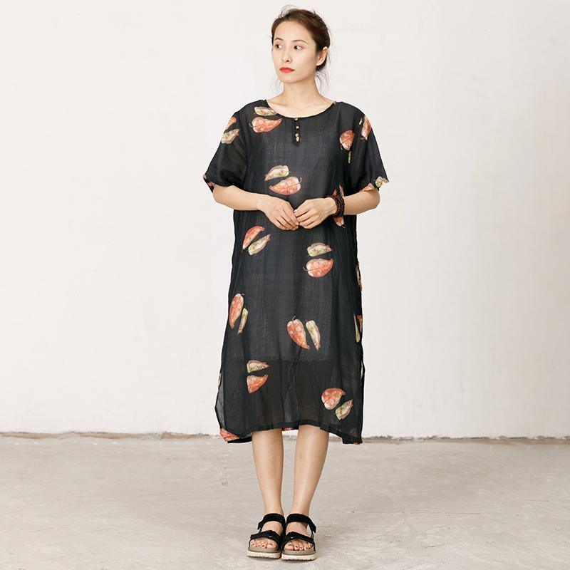 Leaves Printed Soft Split Hem Dress - Omychic