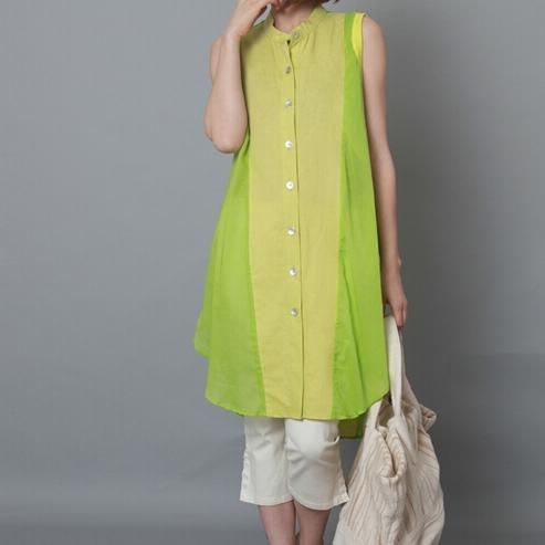 Lemom green linen sundress patchwork plus size cotton summer dresses - Omychic