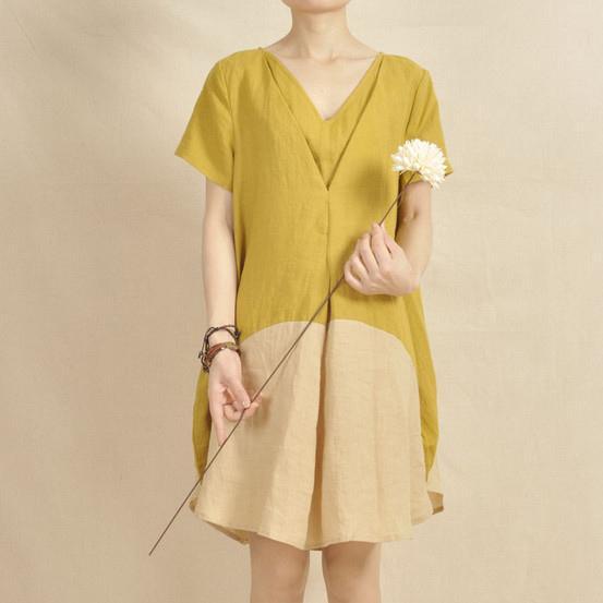 Lemon yellow shirt dress color patchwork sundress - Omychic