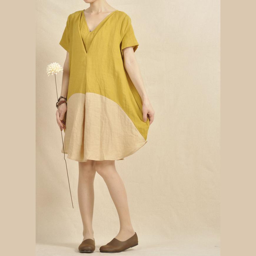 Lemon yellow shirt dress color patchwork sundress - Omychic
