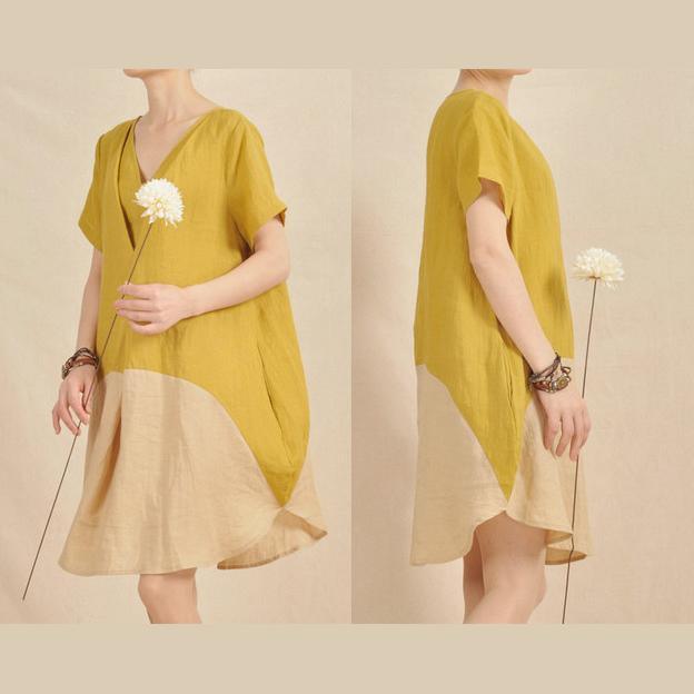 Lemon yellow shirt dress color patchwork sundress - Omychic