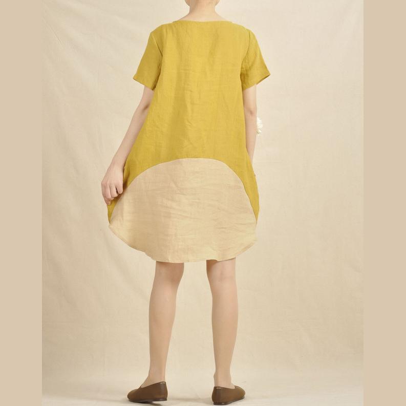 Lemon yellow shirt dress color patchwork sundress - Omychic