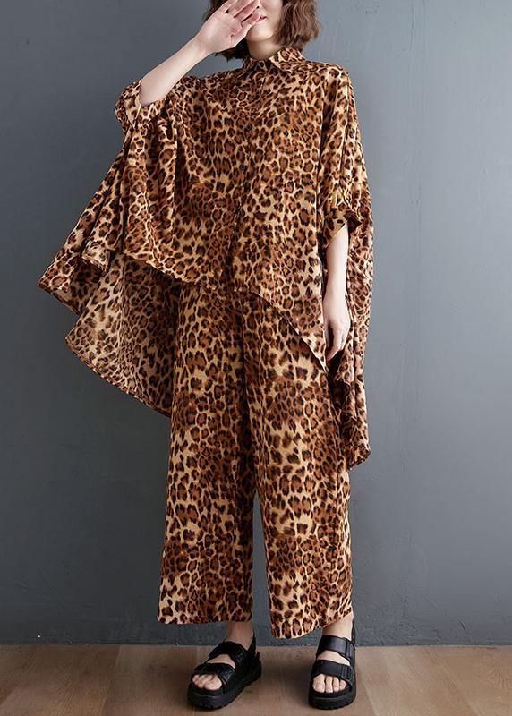 Leopard Chiffon Two Piece Irregular Shirt Wide Leg Capris - Omychic
