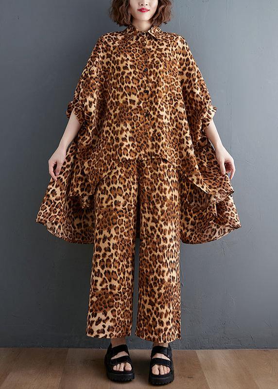 Leopard Chiffon Two Piece Irregular Shirt Wide Leg Capris - Omychic