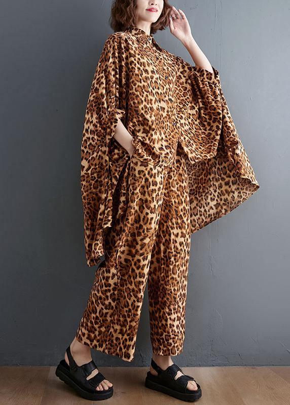 Leopard Chiffon Two Piece Irregular Shirt Wide Leg Capris - Omychic