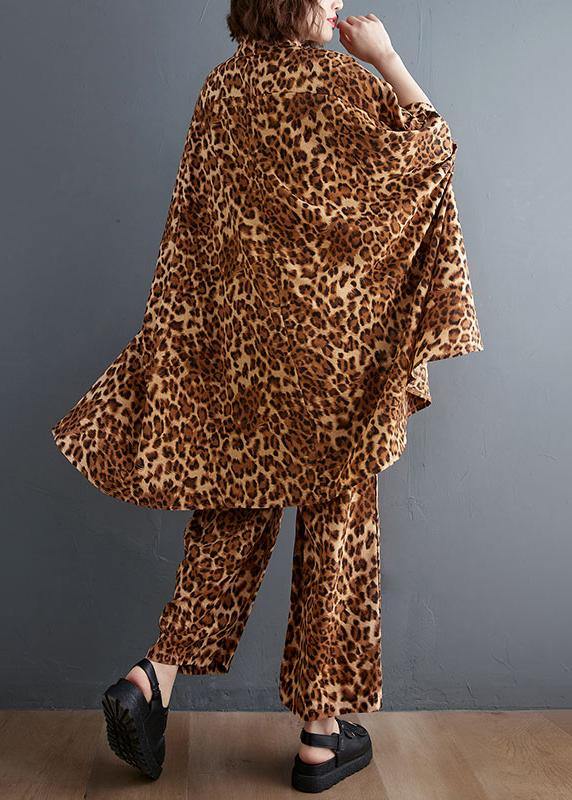 Leopard Chiffon Two Piece Irregular Shirt Wide Leg Capris - Omychic