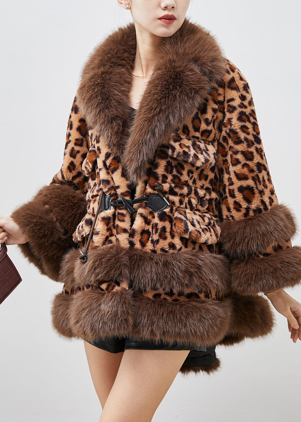 Leopard Print Faux Fur Coat Oversized Drawstring Winter