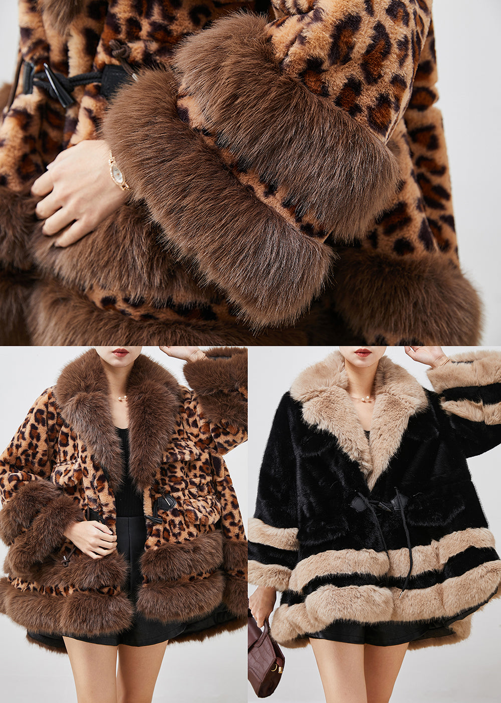 Leopard Print Faux Fur Coat Oversized Drawstring Winter