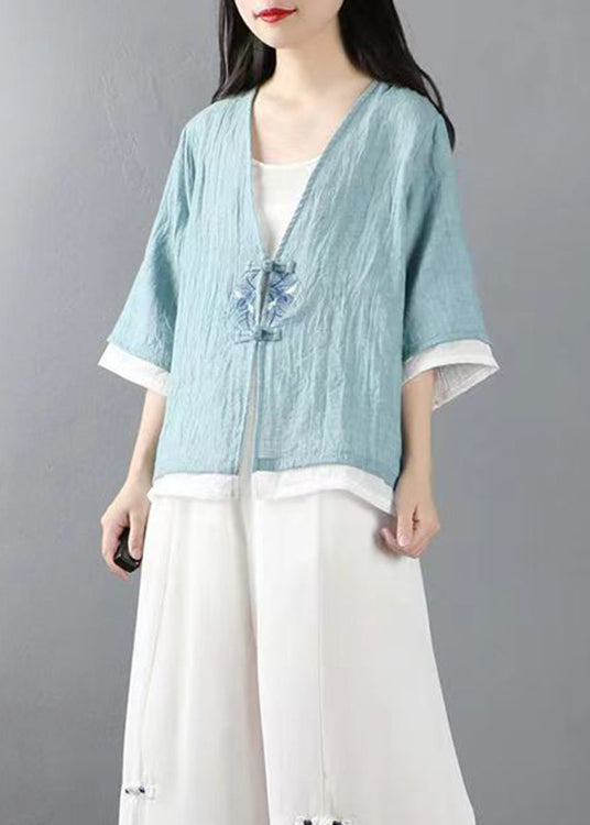 Light Blue Button Patchwork Linen Tops Coats V Neck Half Sleeve