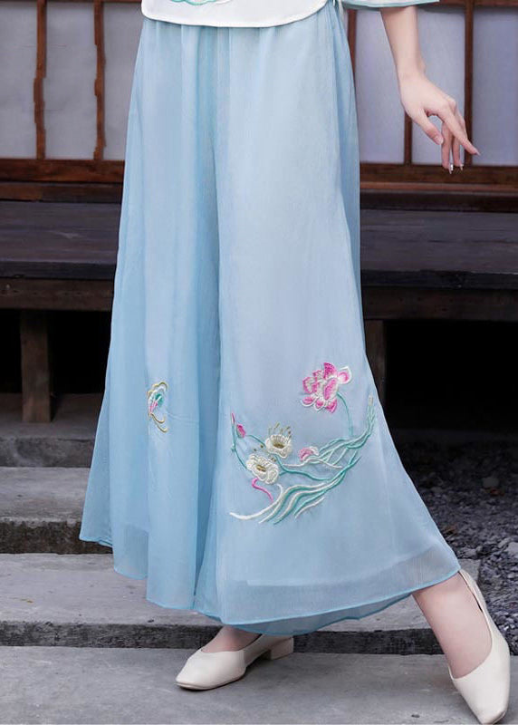 Light Blue Chiffon Wide Leg Pants Draping Embroideried Spring