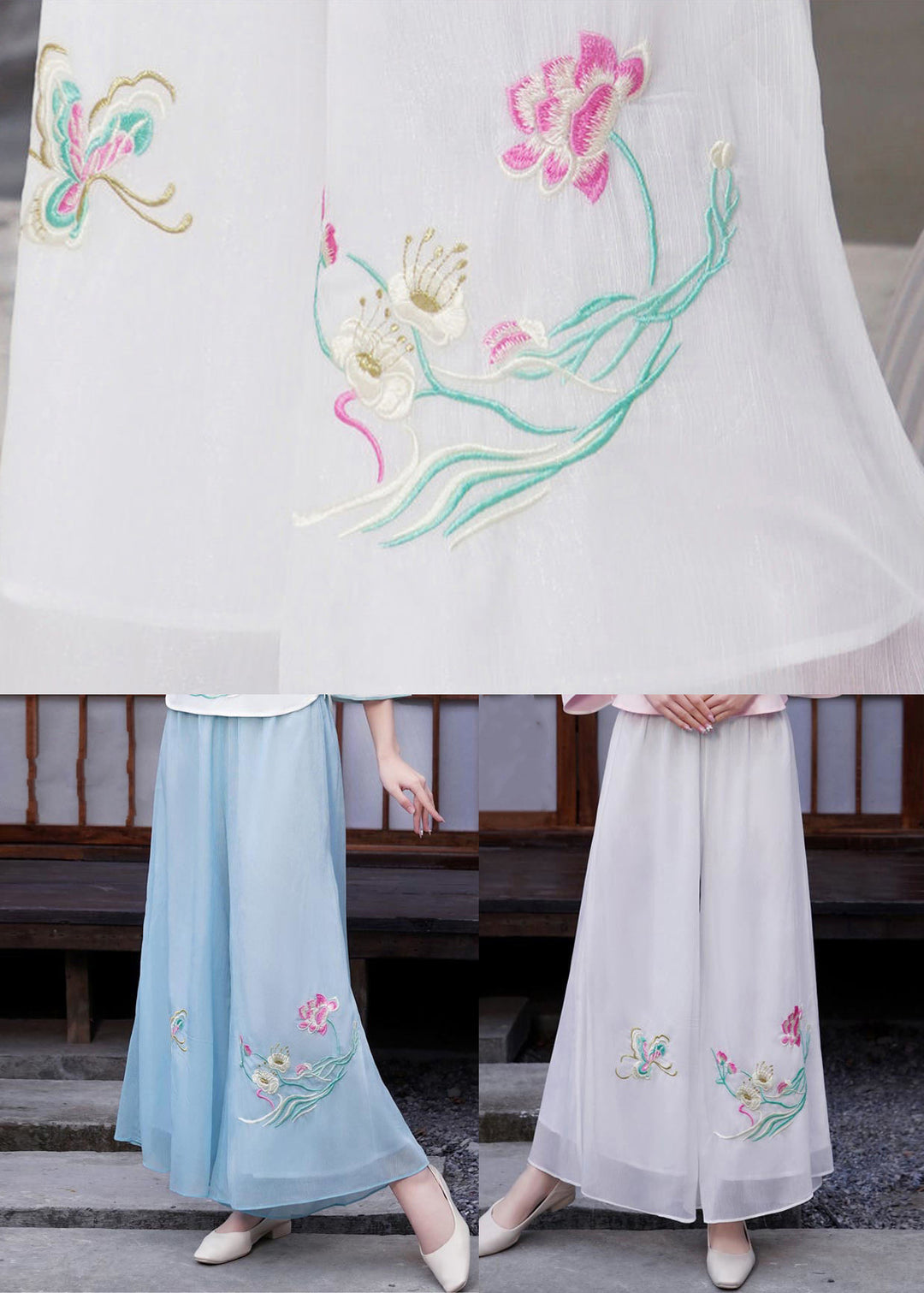 Light Blue Chiffon Wide Leg Pants Draping Embroideried Spring