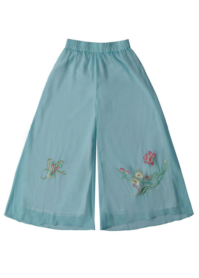 Light Blue Chiffon Wide Leg Pants Draping Embroideried Spring