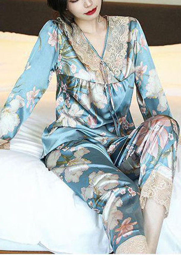 Light Blue Lace Patchwork Ice Silk Pajamas Two Pieces Set V Neck Tassel Spring