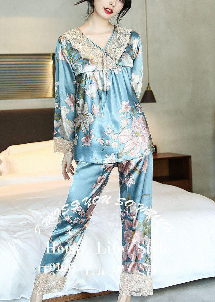 Light Blue Lace Patchwork Ice Silk Pajamas Two Pieces Set V Neck Tassel Spring