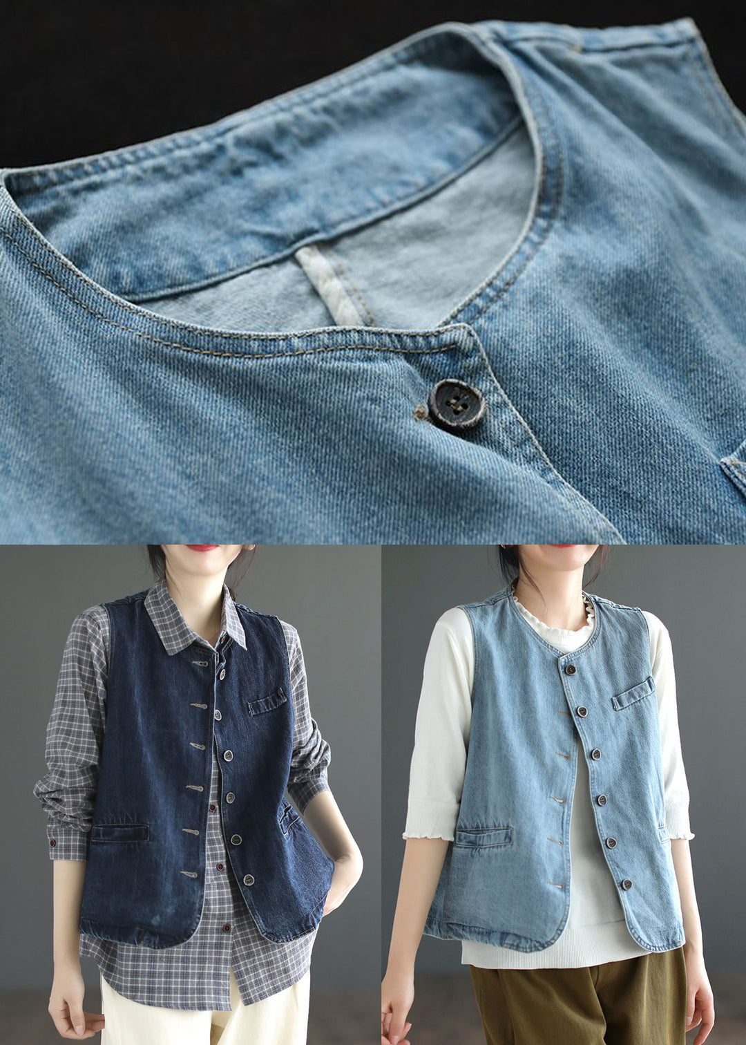 Light Blue O-Neck Button Denim Waistcoat Fall