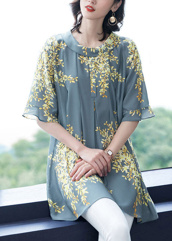 Light Blue O-Neck Print Wrinkled Chiffon Top Half Sleeve
