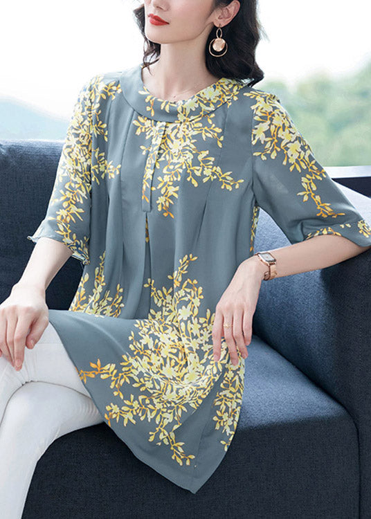 Light Blue O-Neck Print Wrinkled Chiffon Top Half Sleeve