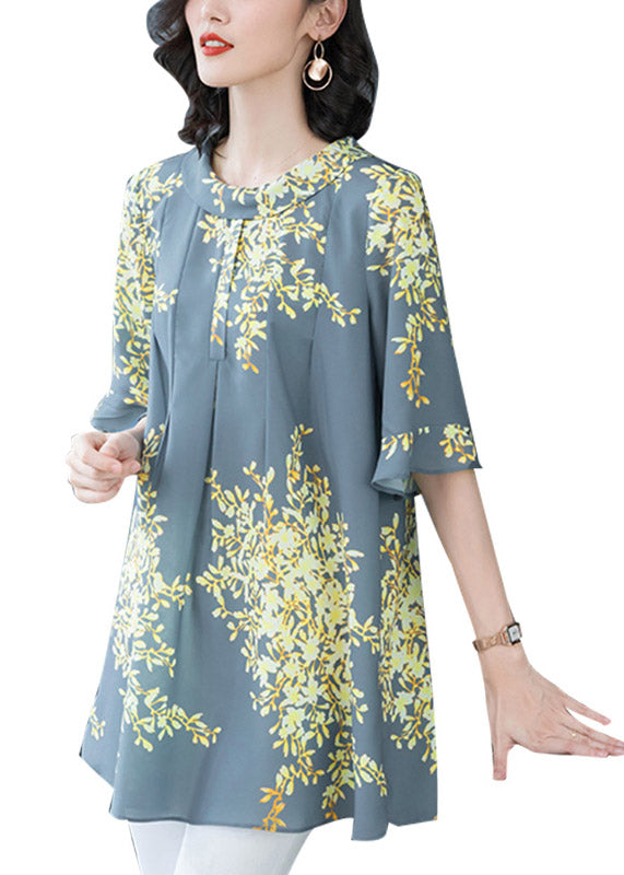 Light Blue O-Neck Print Wrinkled Chiffon Top Half Sleeve