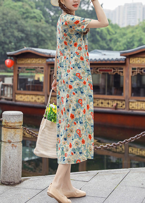 Light Blue Print Cotton Holiday Dress O-Neck Short Sleeve