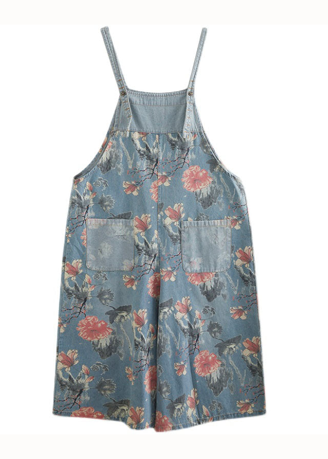 Light Blue Print Patchwork Denim Jumpsuit With Pockets