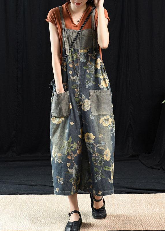 Light Blue Retro Loose Print Summer Pockets Denim Jumpsuit