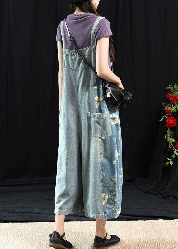 Light Blue Retro Loose Print Summer Pockets Denim Jumpsuit