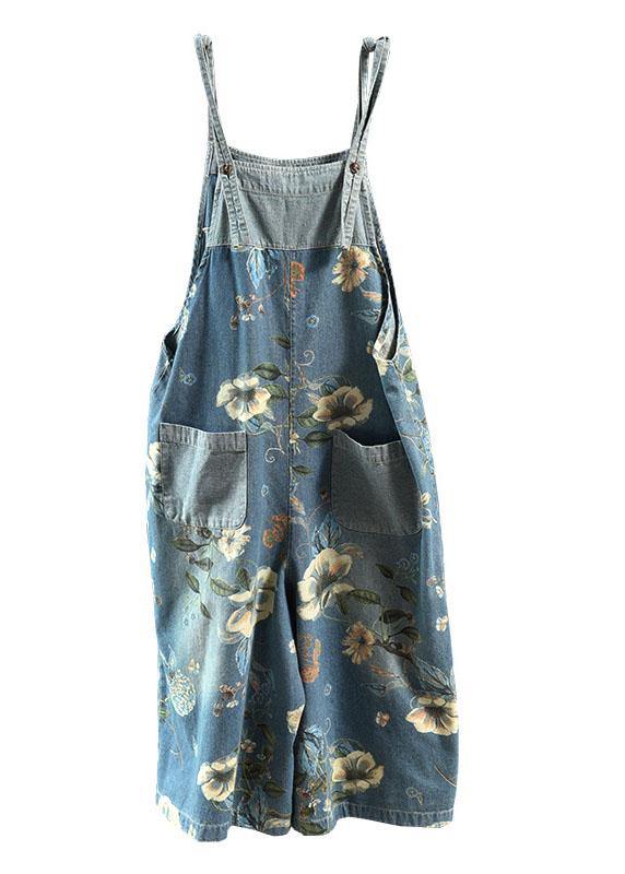 Light Blue Retro Loose Print Summer Pockets Denim Jumpsuit