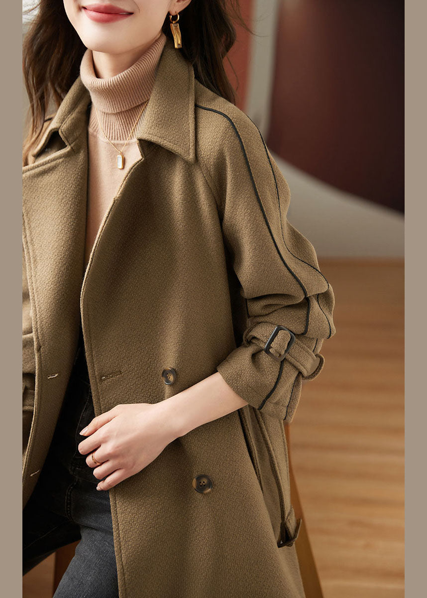 Light Coffee Pockets Patchwork Sashes Thick Woolen Coats Long Sleeve