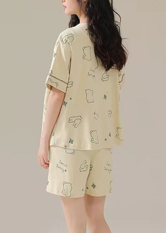 Light Green Bow Patchwork Cotton Pajamas Two Pieces V Neck Summer