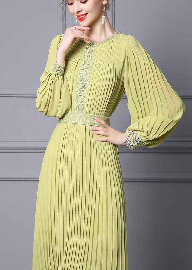 Light Green Chiffon Pleated Cinch Dress O-Neck Long Sleeve