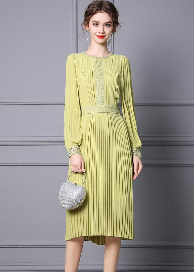 Light Green Chiffon Pleated Cinch Dress O-Neck Long Sleeve