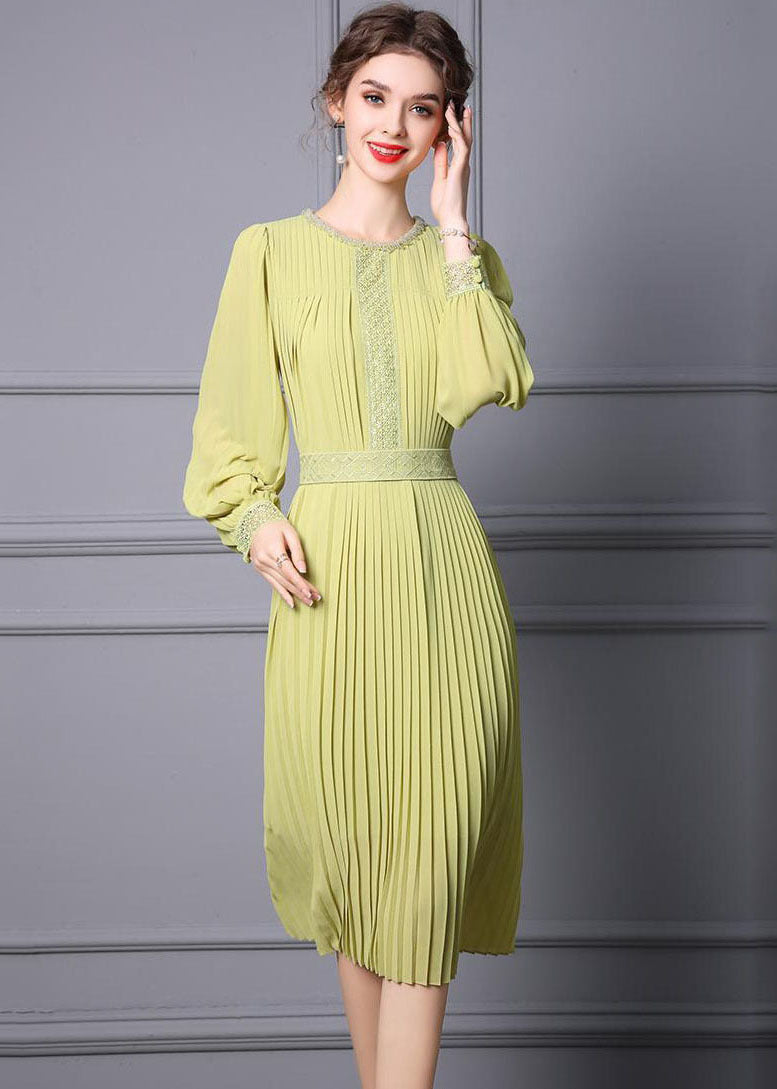 Light Green Chiffon Pleated Cinch Dress O-Neck Long Sleeve