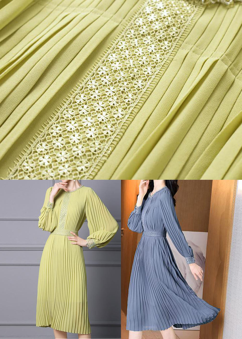 Light Green Chiffon Pleated Cinch Dress O-Neck Long Sleeve