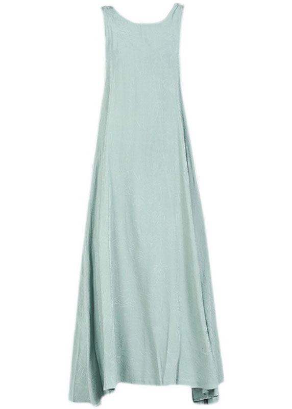 Light Green Jacquard Linen Vacation Strap Dress O-Neck Sleeveless