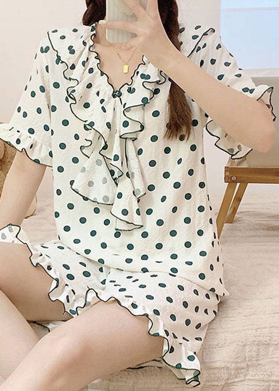 Light Green Patchwork Knitting Cotton Pajamas Two Pieces Set Ruffled Summer