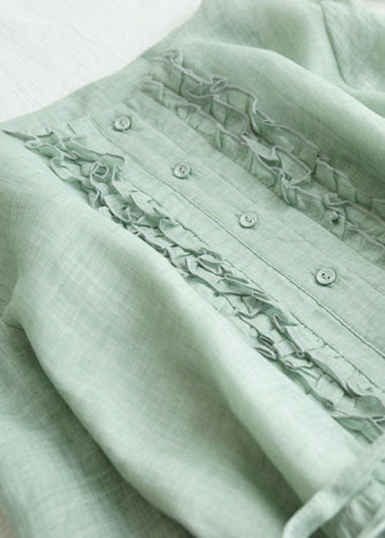 Light Green Patchwork Linen Dresses Ruffled Button Summer