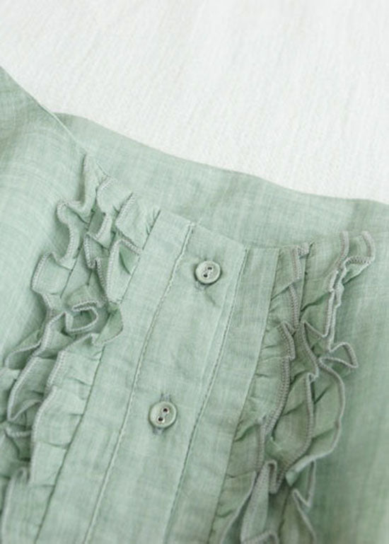 Light Green Patchwork Linen Dresses Ruffled Button Summer