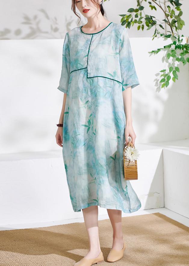 Light Green Patchwork Print Summer Ramie Dresses Half Sleeve - Omychic