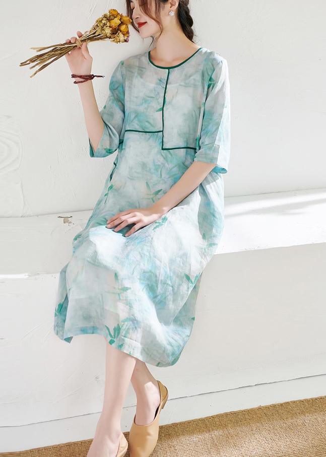 Light Green Patchwork Print Summer Ramie Dresses Half Sleeve - Omychic