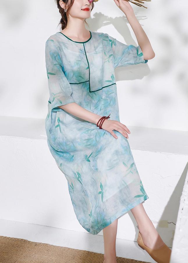 Light Green Patchwork Print Summer Ramie Dresses Half Sleeve - Omychic