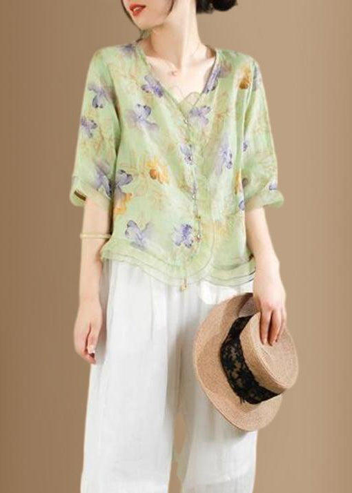 Light Green Print Patchwork Linen Shirt Top V Neck Half Sleeve