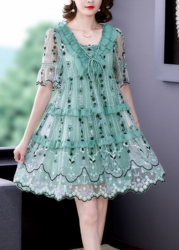 Light Green Tulle Vacation Dress Hollow Out Embroidered Short Sleeve