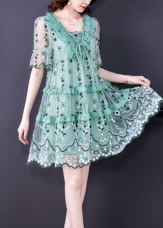 Light Green Tulle Vacation Dress Hollow Out Embroideried Short Sleeve
