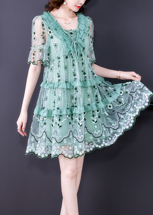 Light Green Tulle Vacation Dress Hollow Out Embroidered Short Sleeve