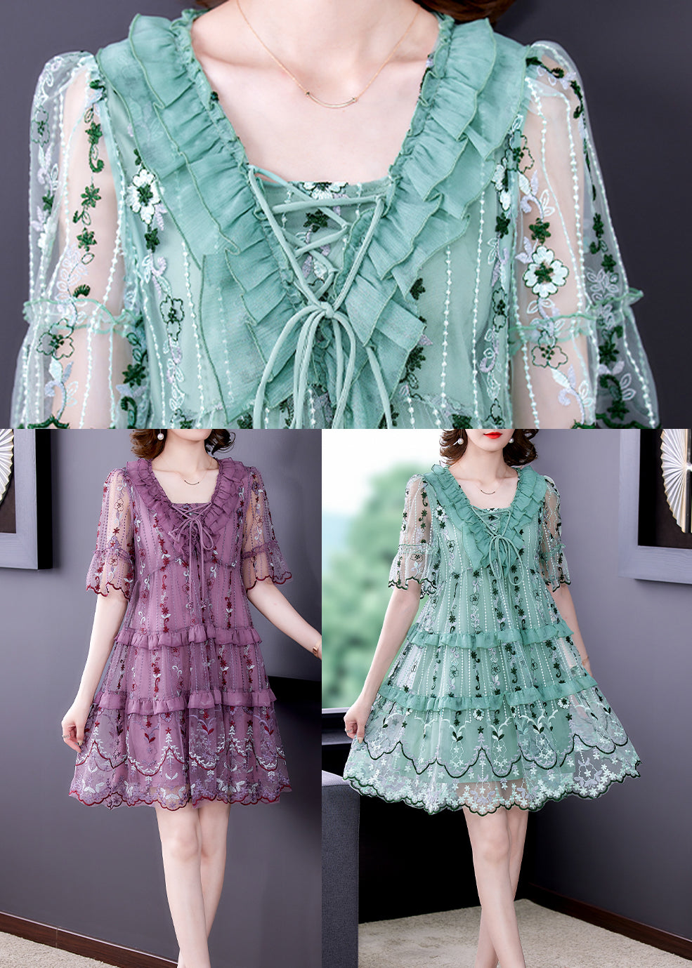 Light Green Tulle Vacation Dress Hollow Out Embroidered Short Sleeve