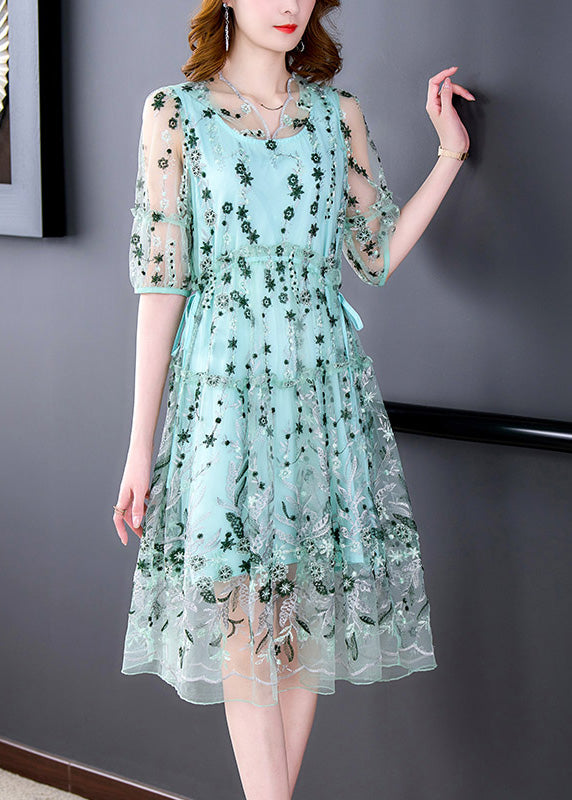 Light Green V Neck Tunic Tulle Maxi Dress Short Sleeve