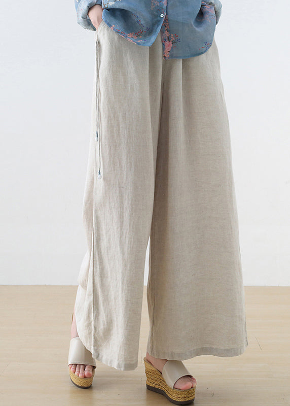 Light Grey Oversized Linen Straight Pants Trousers Tasseled Fall