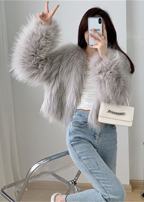 Light Grey Patchwork Faux Fur Coat V Neck Winter