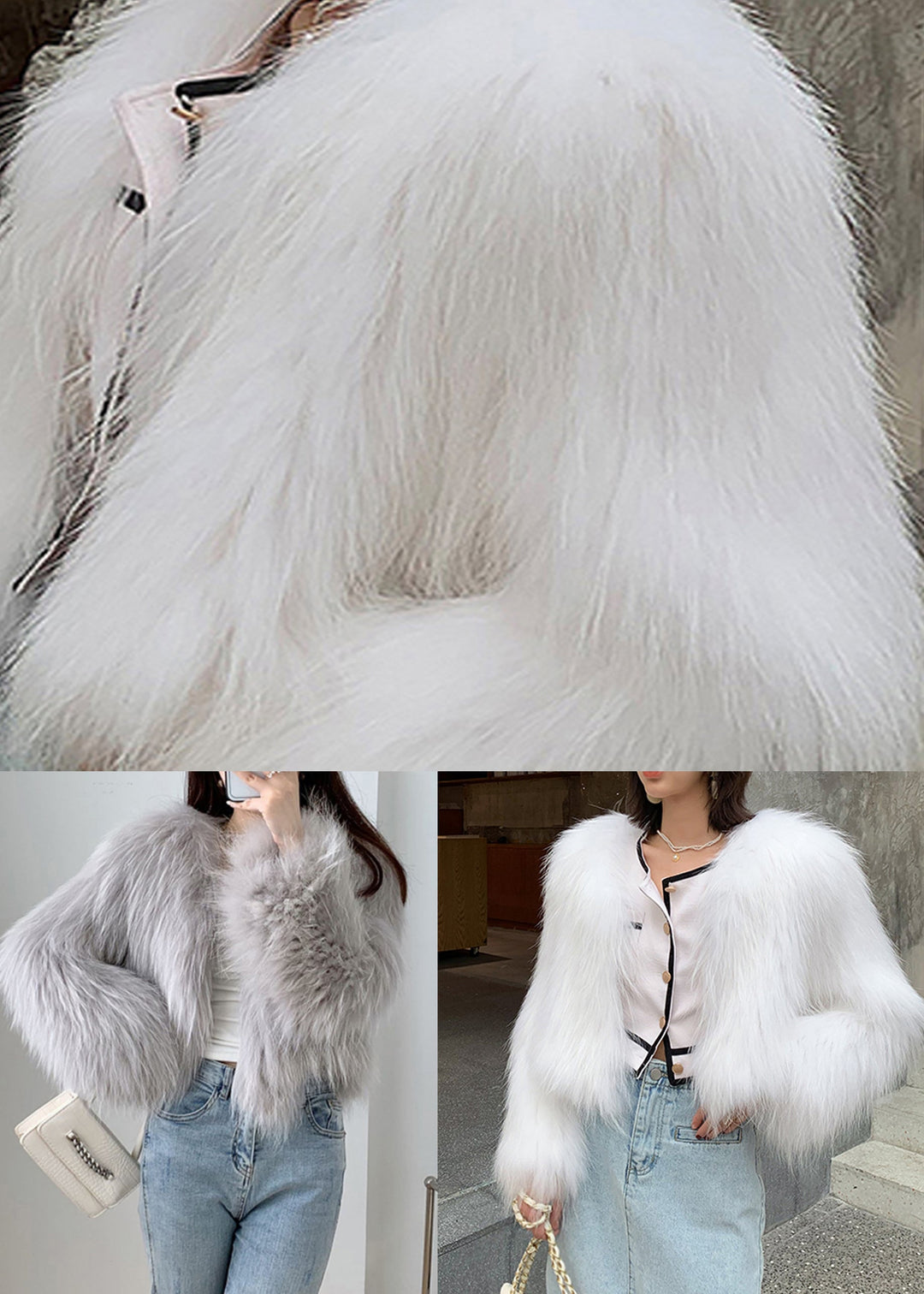 Light Grey Patchwork Faux Fur Coat V Neck Winter